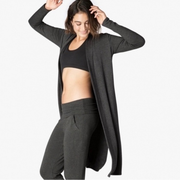 NEW Beyond Yoga High Slit Long Sleeve Charcoal Gray Open Front Cardigan … - Picture 1 of 7